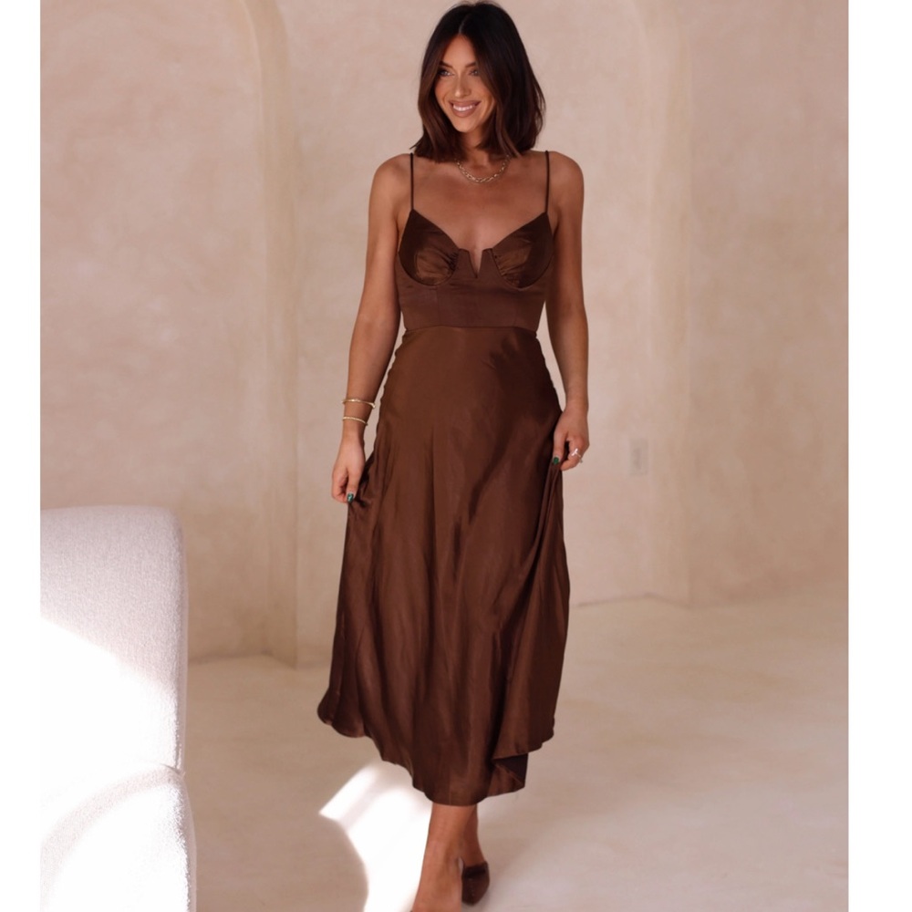 Toast to Love deep brown satin midi dress